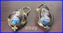 Antique Victorian Hand-Painted Enamel Portrait Earrings Unique