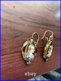 Antique Victorian Hand-Painted Enamel Portrait Earrings Unique