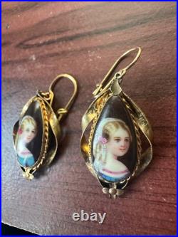 Antique Victorian Hand-Painted Enamel Portrait Earrings Unique
