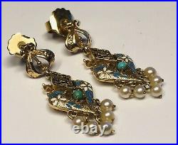 Antique Victorian Hand-Painted Enamel on 14K Gold with Pearls Dangle Earrings