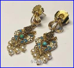 Antique Victorian Hand-Painted Enamel on 14K Gold with Pearls Dangle Earrings