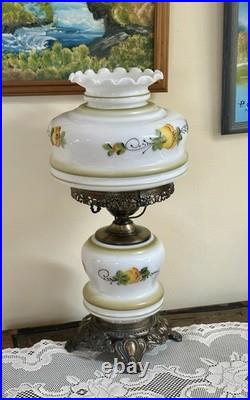 Antique Victorian Hand Painted Floral 3-way Light Hurricane Lamp Stunning