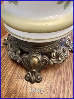 Antique Victorian Hand Painted Floral 3-way Light Hurricane Lamp Stunning