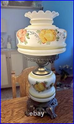 Antique Victorian Hand Painted Floral 3-way Light Hurricane Lamp Stunning