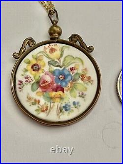 Antique Victorian Hand Painted Floral Double Sided Porcelain Pendant Necklace