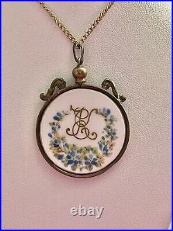 Antique Victorian Hand Painted Floral Double Sided Porcelain Pendant Necklace