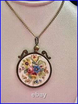 Antique Victorian Hand Painted Floral Double Sided Porcelain Pendant Necklace