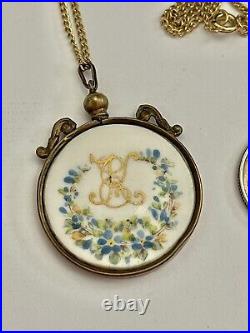 Antique Victorian Hand Painted Floral Double Sided Porcelain Pendant Necklace