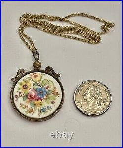 Antique Victorian Hand Painted Floral Double Sided Porcelain Pendant Necklace