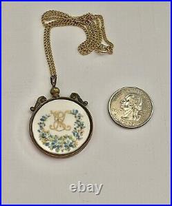 Antique Victorian Hand Painted Floral Double Sided Porcelain Pendant Necklace