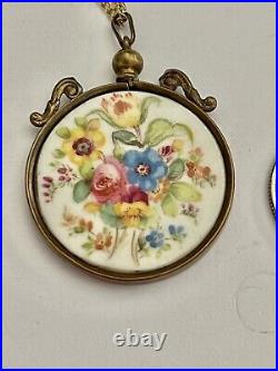 Antique Victorian Hand Painted Floral Double Sided Porcelain Pendant Necklace