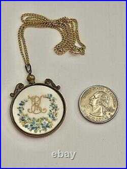 Antique Victorian Hand Painted Floral Double Sided Porcelain Pendant Necklace