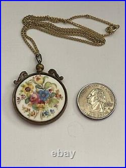 Antique Victorian Hand Painted Floral Double Sided Porcelain Pendant Necklace