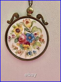 Antique Victorian Hand Painted Floral Double Sided Porcelain Pendant Necklace