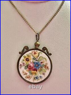 Antique Victorian Hand Painted Floral Double Sided Porcelain Pendant Necklace