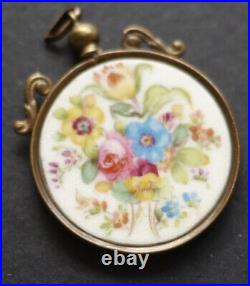 Antique Victorian Hand Painted Floral Double Sided Porcelain Pendant Necklace