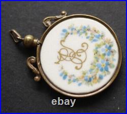 Antique Victorian Hand Painted Floral Double Sided Porcelain Pendant Necklace