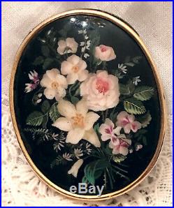 Antique Victorian Hand Painted Flower Bouquet Floral Rose MOP Brooch Pin 9K Gold
