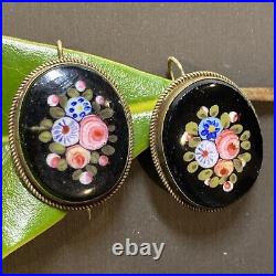 Antique Victorian Hand-Painted Flower Bouquet Oval Black Stone Brass Earrings