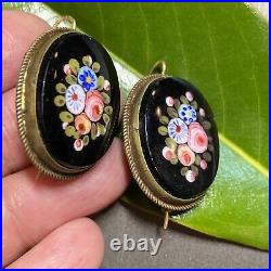 Antique Victorian Hand-Painted Flower Bouquet Oval Black Stone Brass Earrings