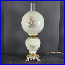 Antique Victorian Hand Painted GWTW Converted Milk Glass Oil Lamp 22 tall