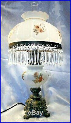 Antique Victorian Hand Painted GWTW Lamp and Shade with 66 Prisms, Large 29x14
