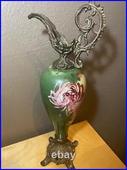 Antique Victorian Hand-Painted Glass And Metal Mantle Ewer