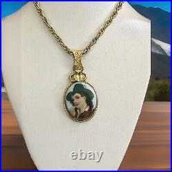 Antique Victorian Hand Painted Green Hat Vagabond Boy Portrait Gilt Pendant