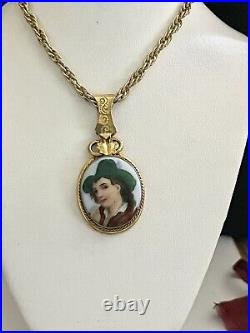 Antique Victorian Hand Painted Green Hat Vagabond Boy Portrait Gilt Pendant