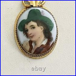 Antique Victorian Hand Painted Green Hat Vagabond Boy Portrait Gilt Pendant