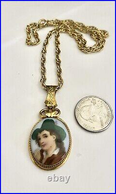 Antique Victorian Hand Painted Green Hat Vagabond Boy Portrait Gilt Pendant