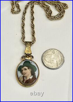 Antique Victorian Hand Painted Green Hat Vagabond Boy Portrait Gilt Pendant
