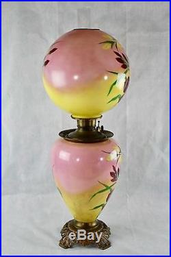 Antique Victorian Hand Painted Iris GWTW Jumbo Parlor Oil/Kerosene Lamp