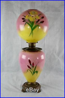 Antique Victorian Hand Painted Iris GWTW Jumbo Parlor Oil/Kerosene Lamp
