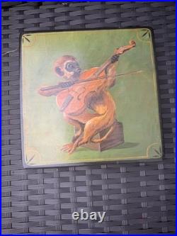 Antique Victorian Hand Painted Lacquered Paper Mache Square Box with Monkey