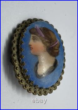 Antique Victorian Hand Painted Lady Goddess Porcelain Portrait Goldtone Brooch