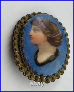 Antique Victorian Hand Painted Lady Goddess Porcelain Portrait Goldtone Brooch