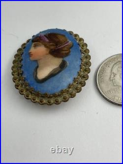 Antique Victorian Hand Painted Lady Goddess Porcelain Portrait Goldtone Brooch