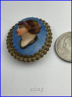 Antique Victorian Hand Painted Lady Goddess Porcelain Portrait Goldtone Brooch