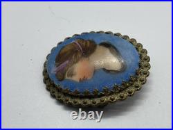 Antique Victorian Hand Painted Lady Goddess Porcelain Portrait Goldtone Brooch