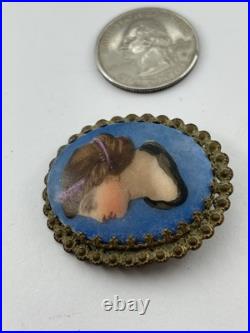 Antique Victorian Hand Painted Lady Goddess Porcelain Portrait Goldtone Brooch