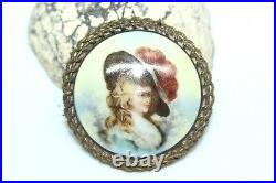 Antique Victorian Hand Painted Lady In Feather Hat Big Porcelain Pin Fbu