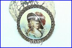 Antique Victorian Hand Painted Lady In Feather Hat Big Porcelain Pin Fbu