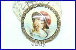 Antique Victorian Hand Painted Lady In Feather Hat Big Porcelain Pin Fbu