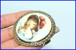 Antique Victorian Hand Painted Lady In Feather Hat Big Porcelain Pin Fbu