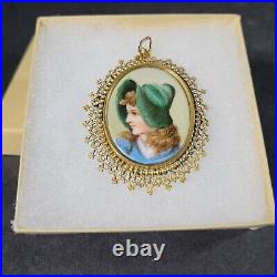 Antique Victorian Hand Painted Lady Portrait Porcelain Brooch Pendant