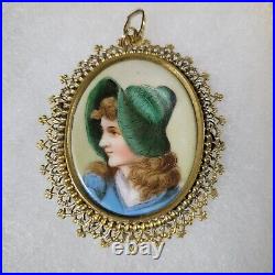 Antique Victorian Hand Painted Lady Portrait Porcelain Brooch Pendant