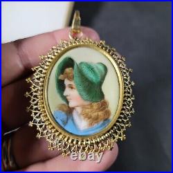 Antique Victorian Hand Painted Lady Portrait Porcelain Brooch Pendant