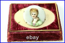 Antique Victorian Hand Painted Lady Portrait Round Porcelain Pin Bu14