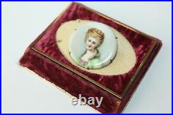 Antique Victorian Hand Painted Lady Portrait Round Porcelain Pin Bu14